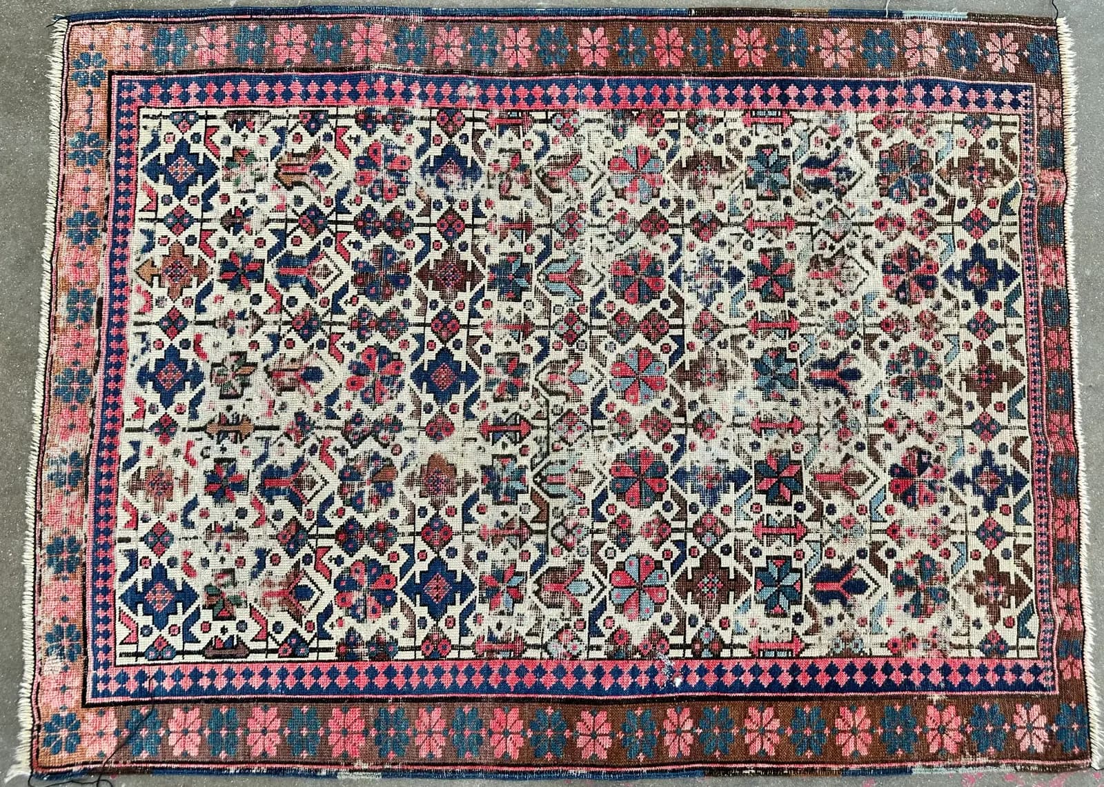 Wool antique Persian rug grazed to the foundation by moth larvae before repair — Ahmadi Rug, North Shore Chicago