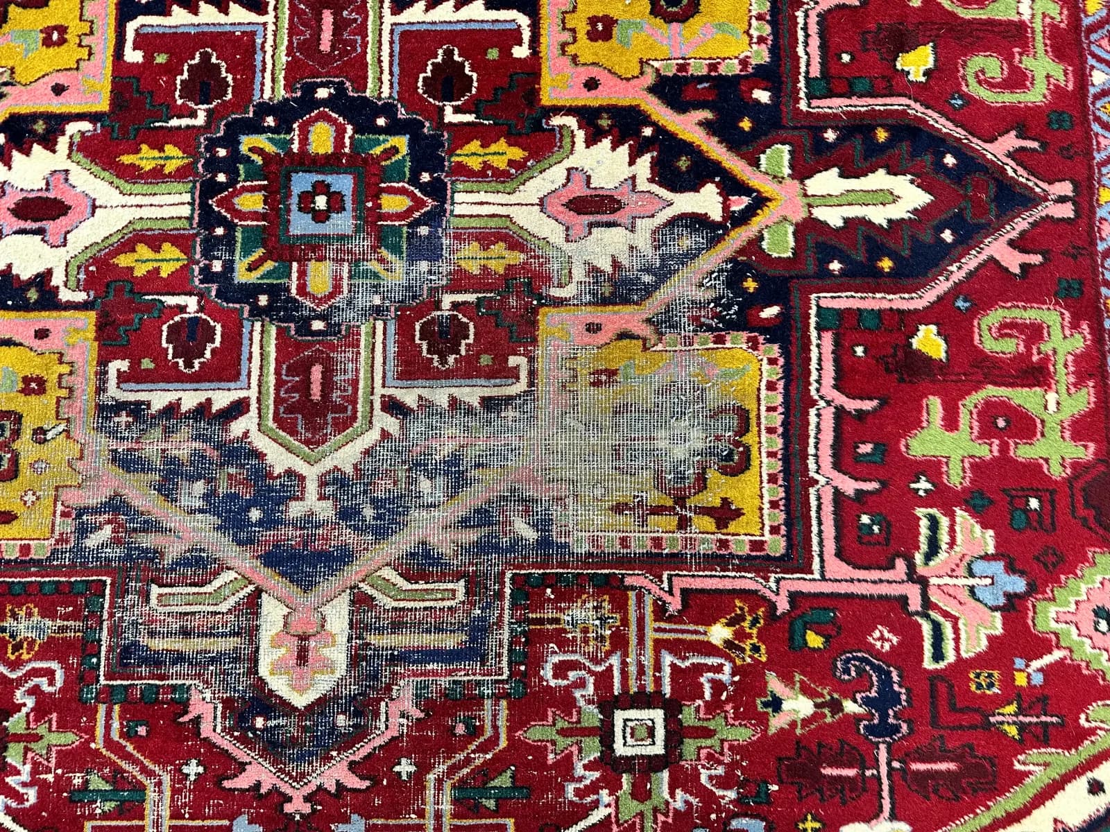 Reweaving wool grazed to the foundation by moth larvae after moth treatment — Ahmadi Rug, Chicago