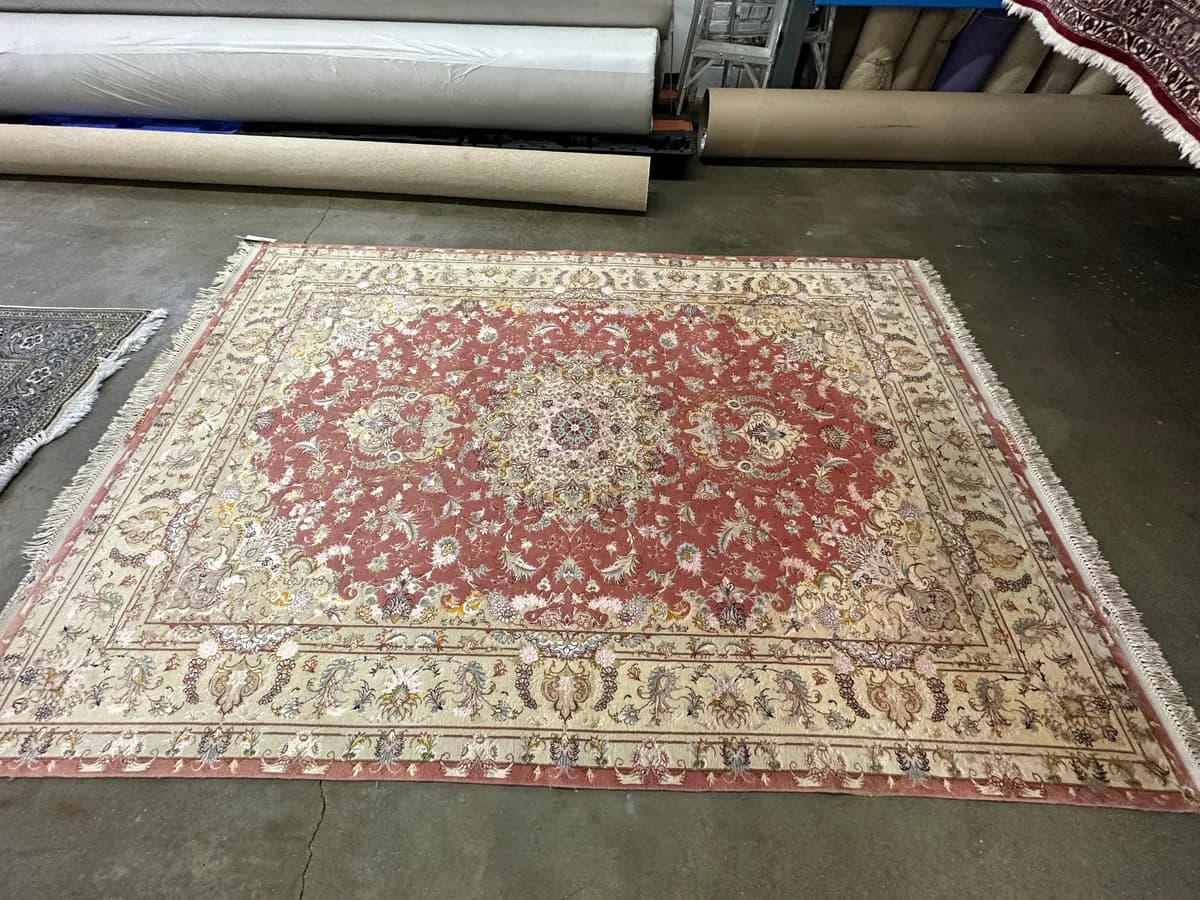 Cleaned and re-blocked 19th-century Tabriz rug with restored red medallion after hand washing — Ahmadi Rug, Lake Forest IL