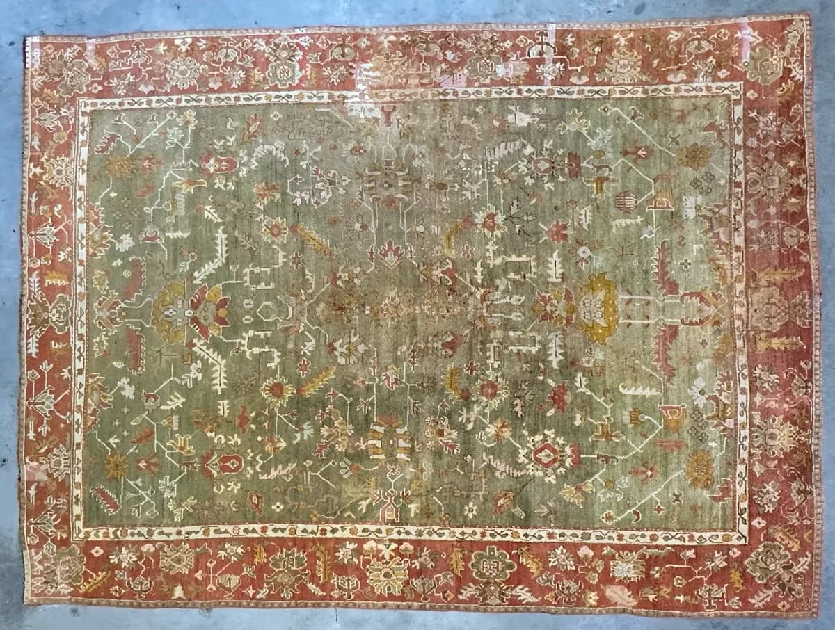 Sun-faded antique wool Oushak rug before colour correction — Ahmadi Rug, Wilmette IL